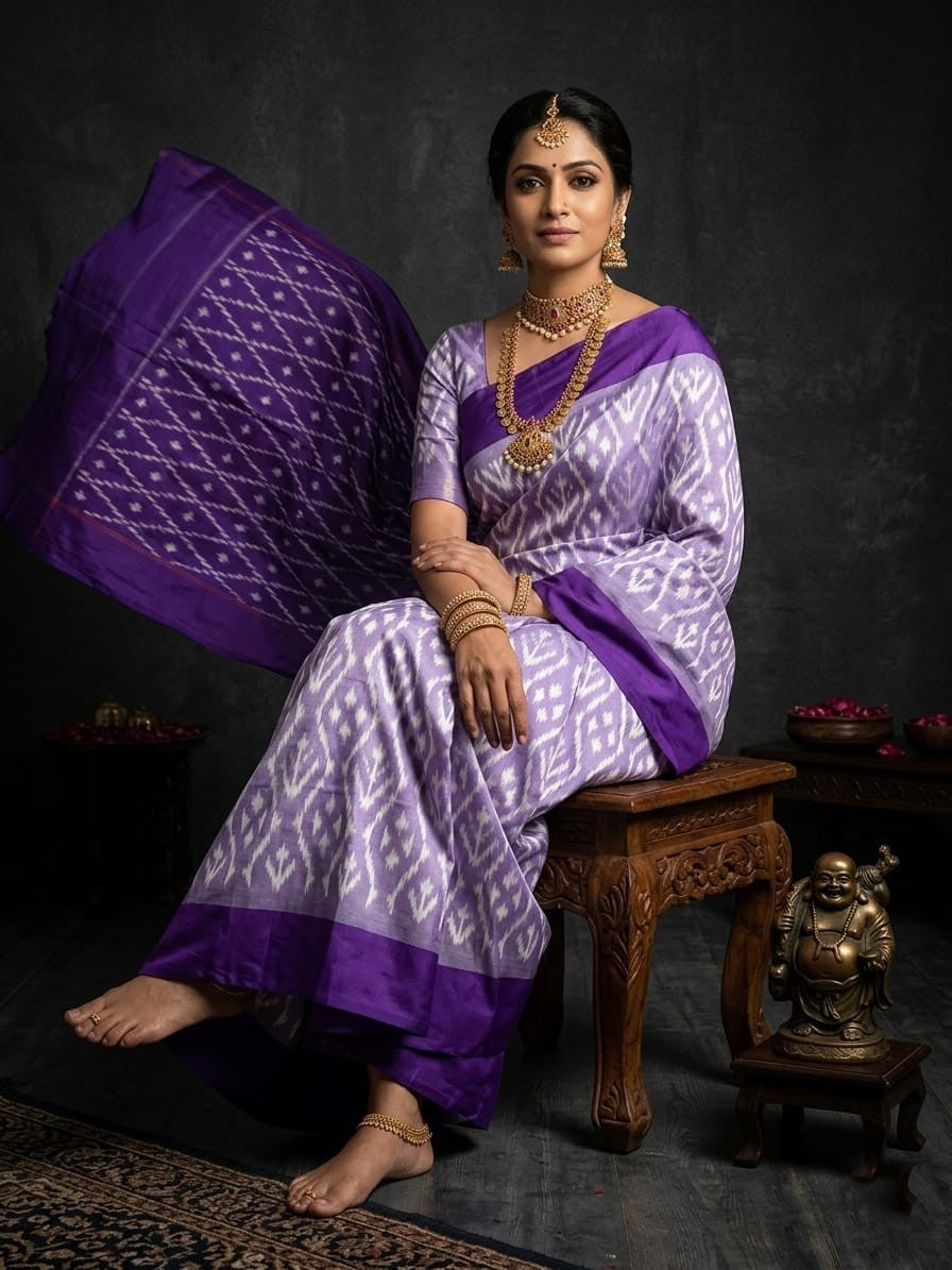White and Purple Barista Soft Silks Saree with Rich Geometric Pallu | Premium Collection