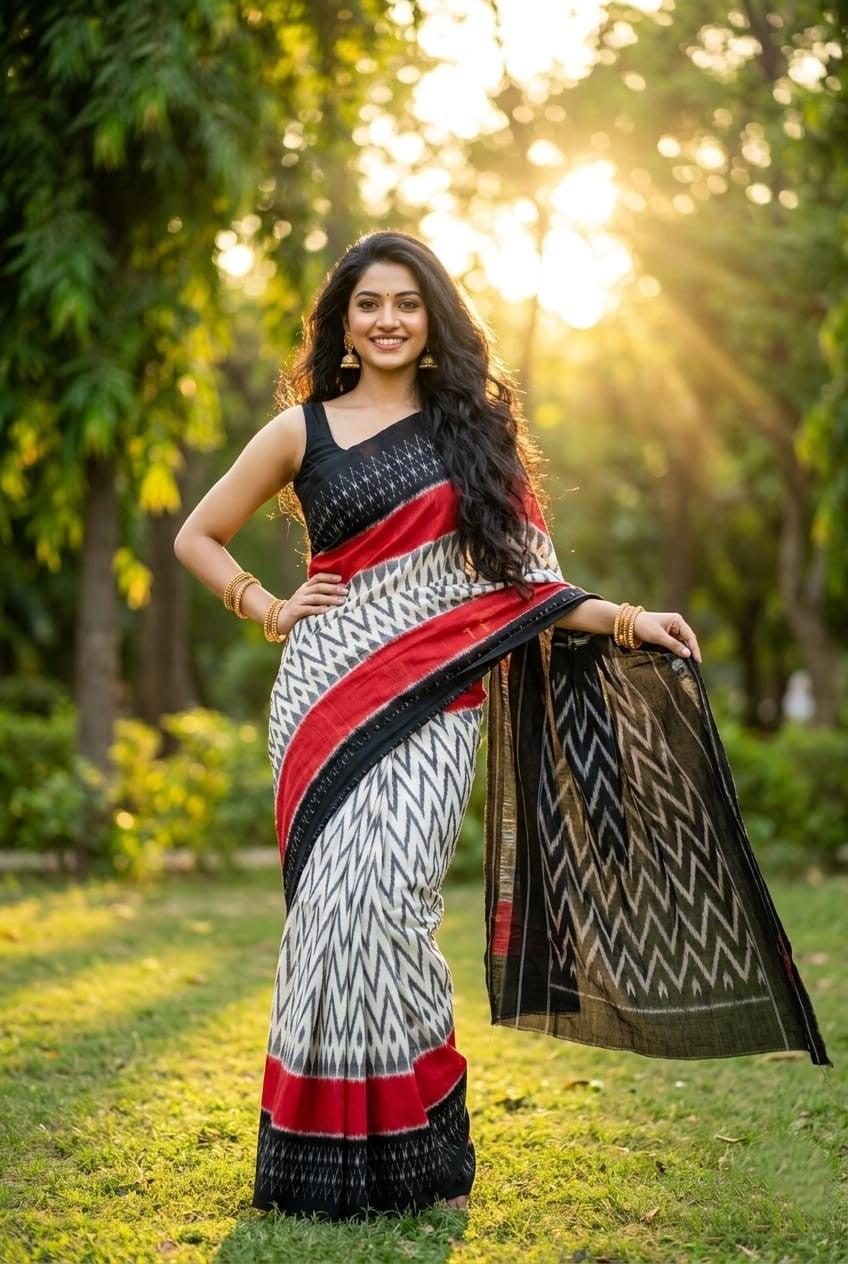 White and Red Black Border Linen Saree | Contrast Drape for Festive Occasions | Premium Collection