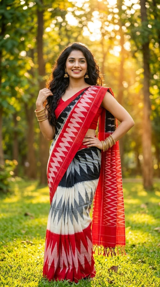 White and Red Tie-Dye Style Linen Saree | Shibori Inspired Festive Drape | Premium Collection