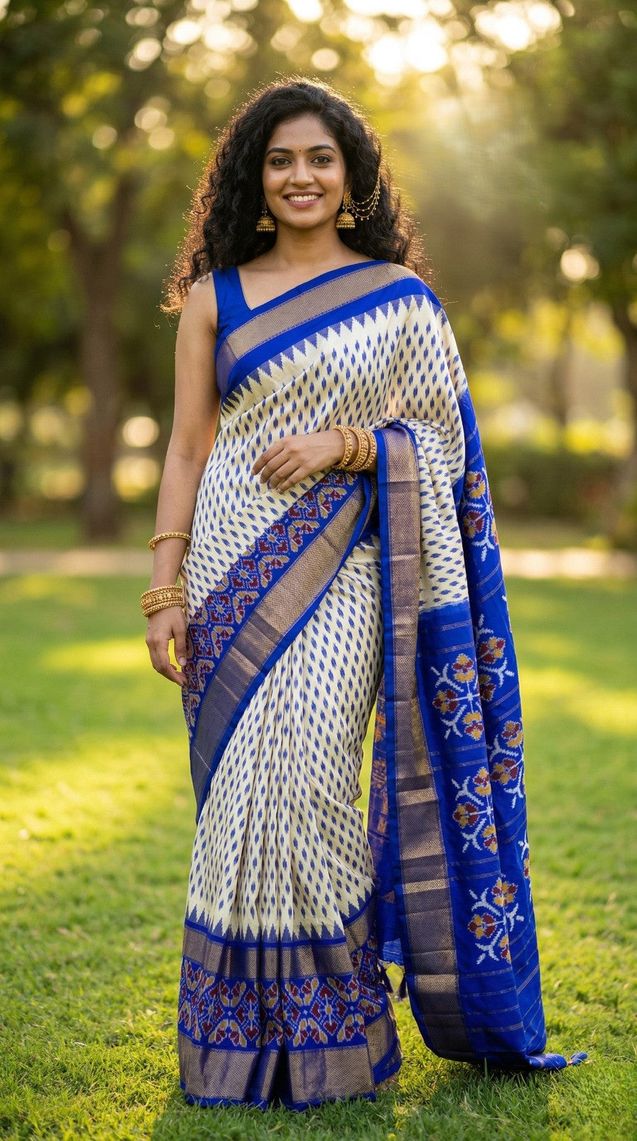 White and Royal Blue Bentex Handloom Silk Saree with Elegant Temple Border | Premium Collection