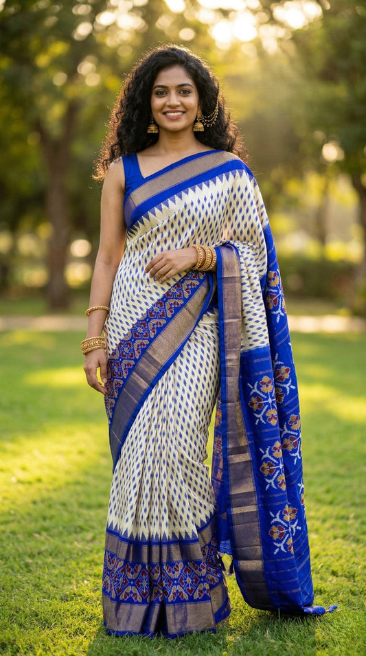 White and Royal Blue Bentex Handloom Silk Saree with Rich Ethnic Border | Premium Collection