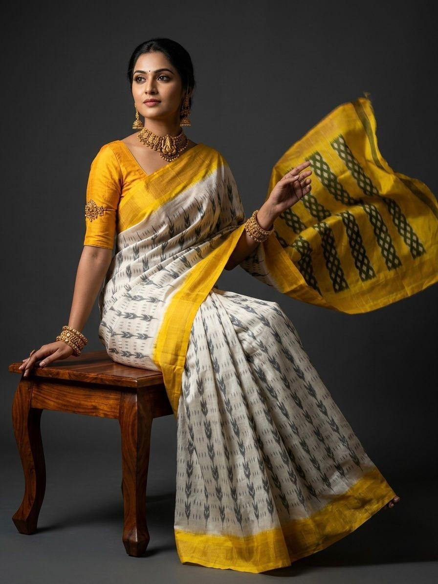 White and Yellow Barista Soft Silks Saree with Elegant Ethnic Print | Premium Collection