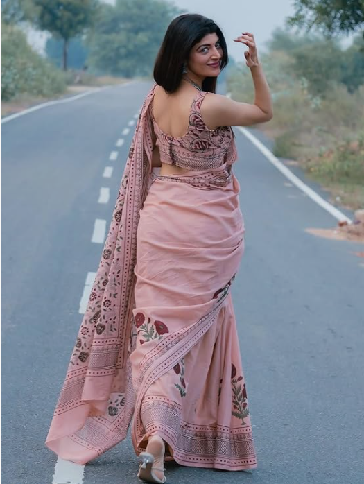 Dusty Rose Pink Floral Print Linen Cotton Saree – Sanskriti Saree