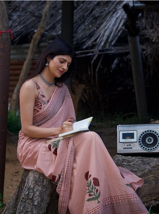 Dusty Rose Pink Floral Print Linen Cotton Saree – Sanskriti Saree