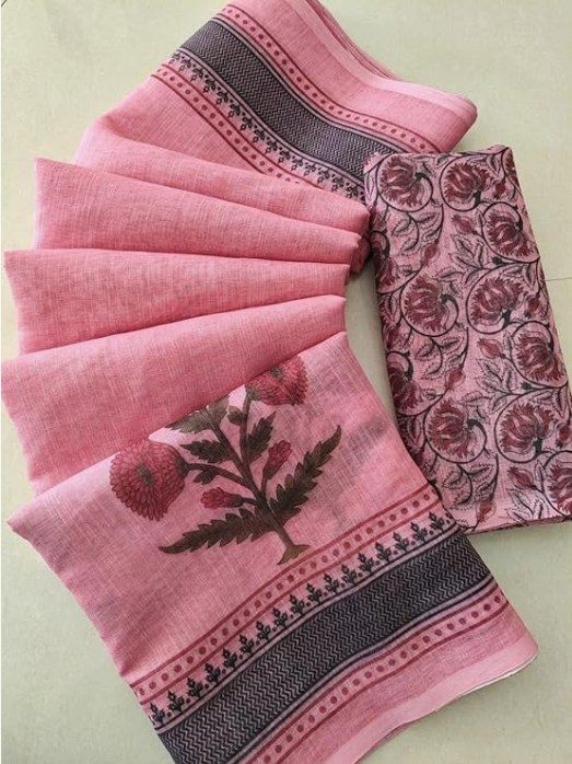 Dusty Rose Pink Floral Print Linen Cotton Saree – Sanskriti Saree