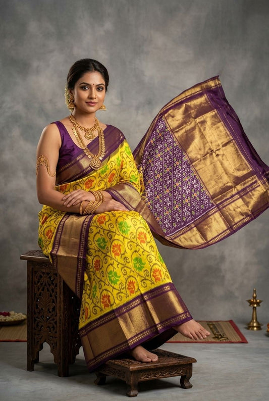 Yellow Bentex Handloom Silk Saree with Purple Rich Zari Pallu | Premium Collection
