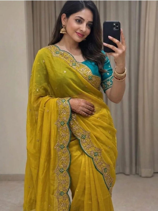 Yellow Star Georgette Embroidery Saree with Fancy Embroidered C-Pallu – Sanskriti Saree