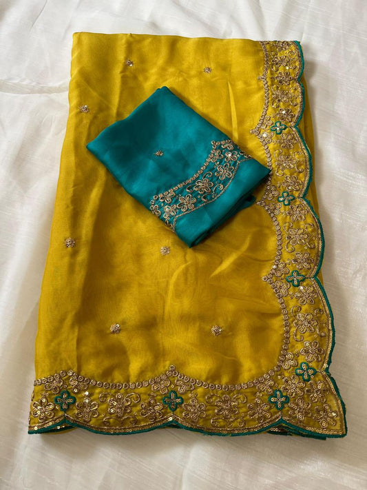 Yellow Star Georgette Embroidery Saree with Fancy Embroidered C-Pallu – Sanskriti Saree