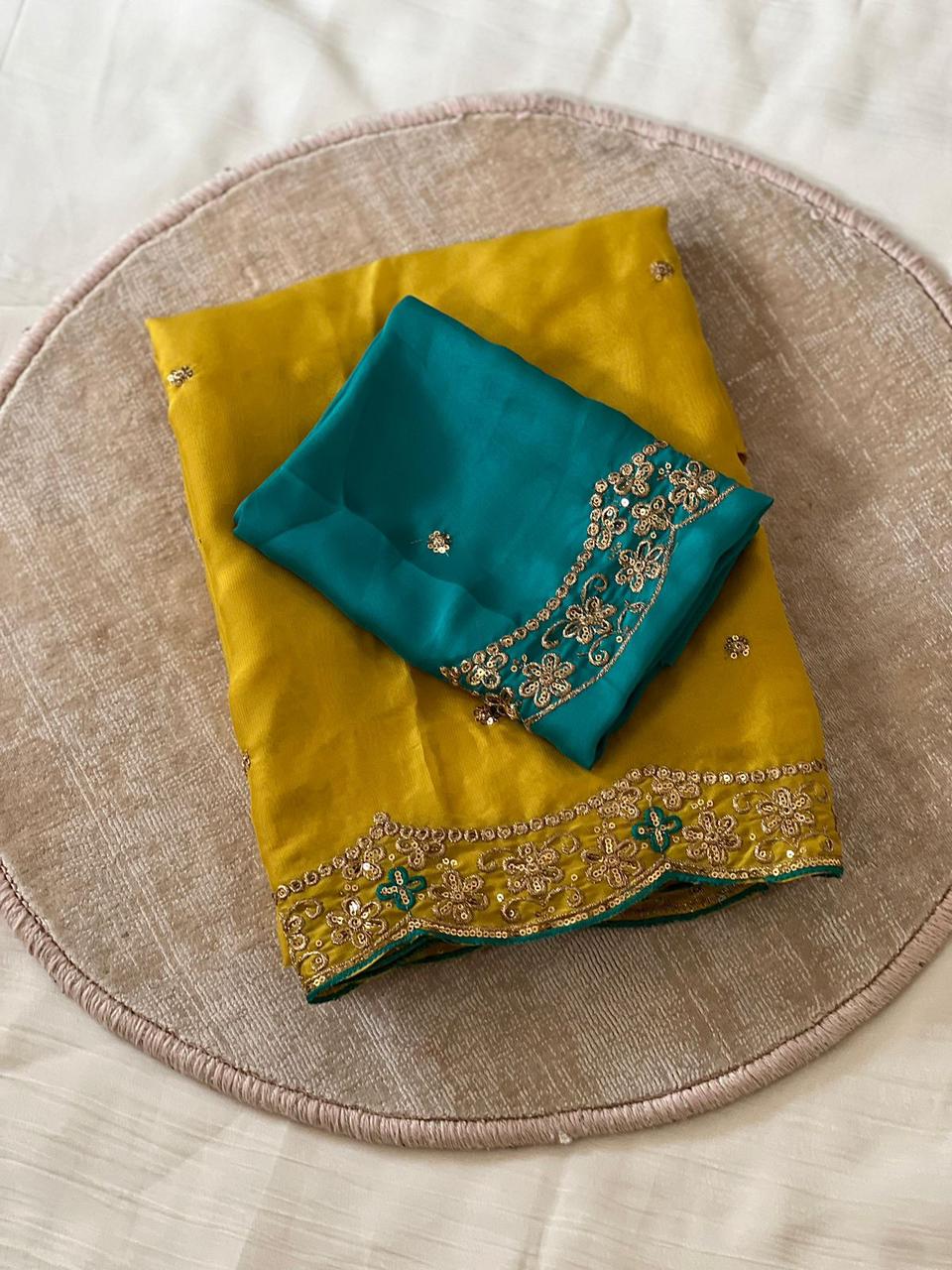 Yellow Star Georgette Embroidery Saree with Fancy Embroidered C-Pallu – Sanskriti Saree