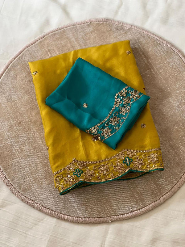 Yellow Star Georgette Embroidery Saree with Fancy Embroidered C-Pallu – Sanskriti Saree