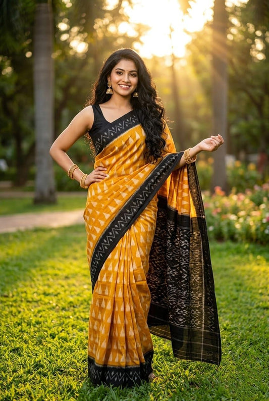 Yellow and Black Handloom Linen Saree with Zari Border | Ethnic Wear for Women | Premium Collection