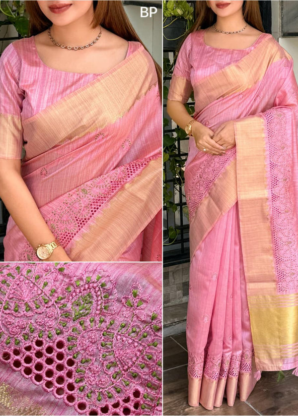 Pink saree with gold border worn by a person, close-up of intricate design, and full view of saree.
