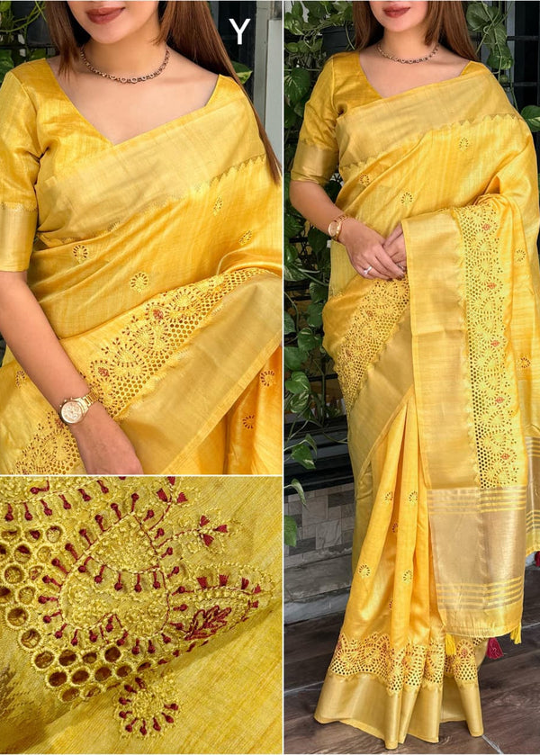 Yellow saree with intricate embroidery, displayed on a person and close-up details.