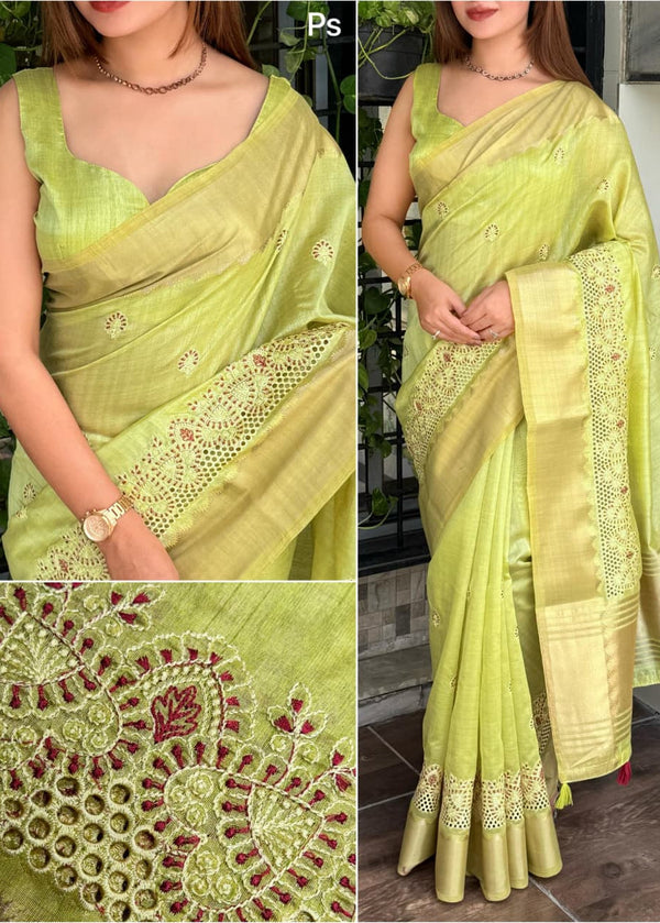 Light green saree with intricate embroidery, displayed on a person and close-up of the fabric.