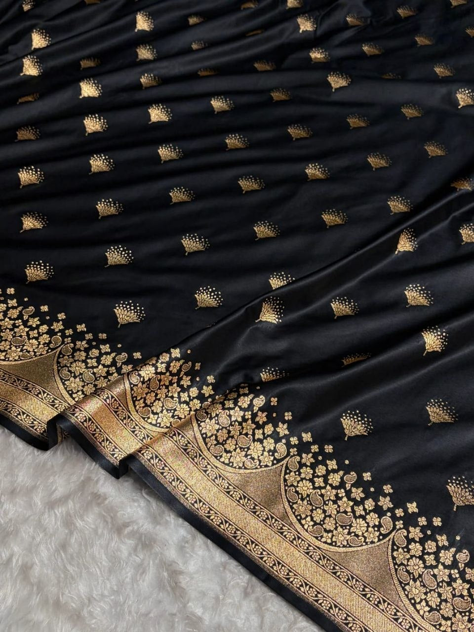 Banarasi Satin Silk Saree in Fire Gold with Traditional Booti Weaving