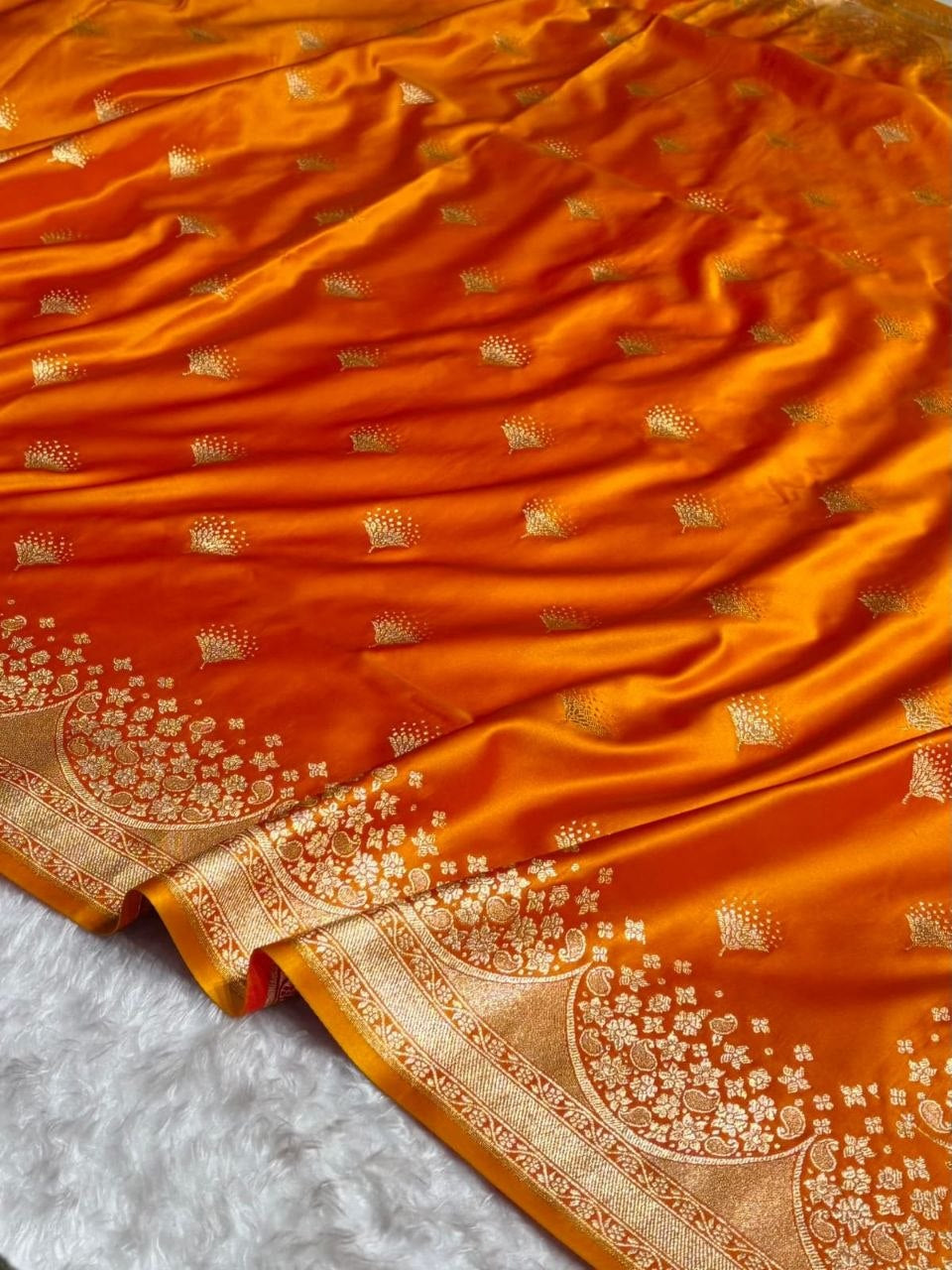 Banarasi Satin Silk Saree in Fire Gold with Traditional Booti Weaving