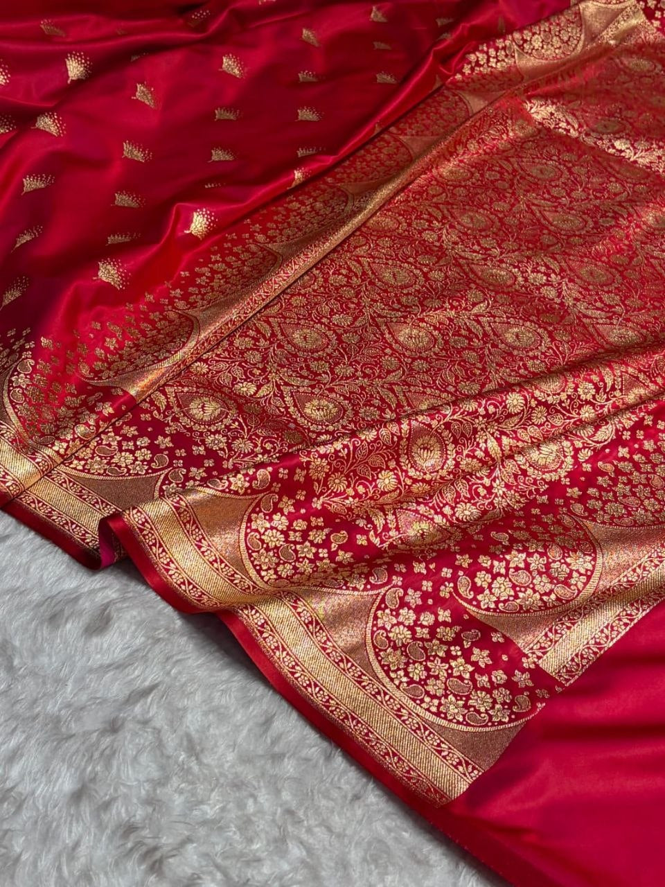 Banarasi Satin Silk Saree in Fire Gold with Traditional Booti Weaving
