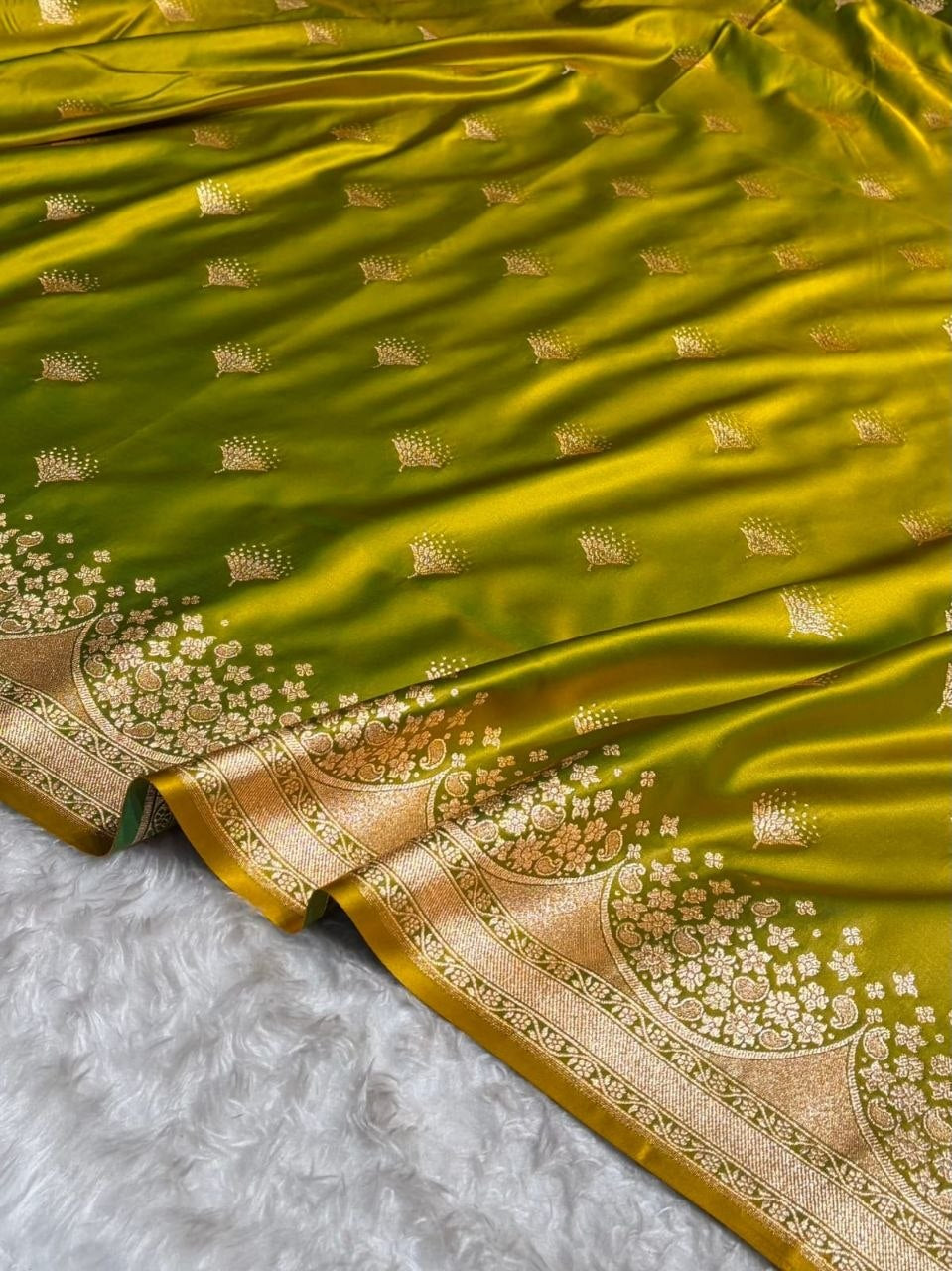 Banarasi Satin Silk Saree in Fire Gold with Traditional Booti Weaving