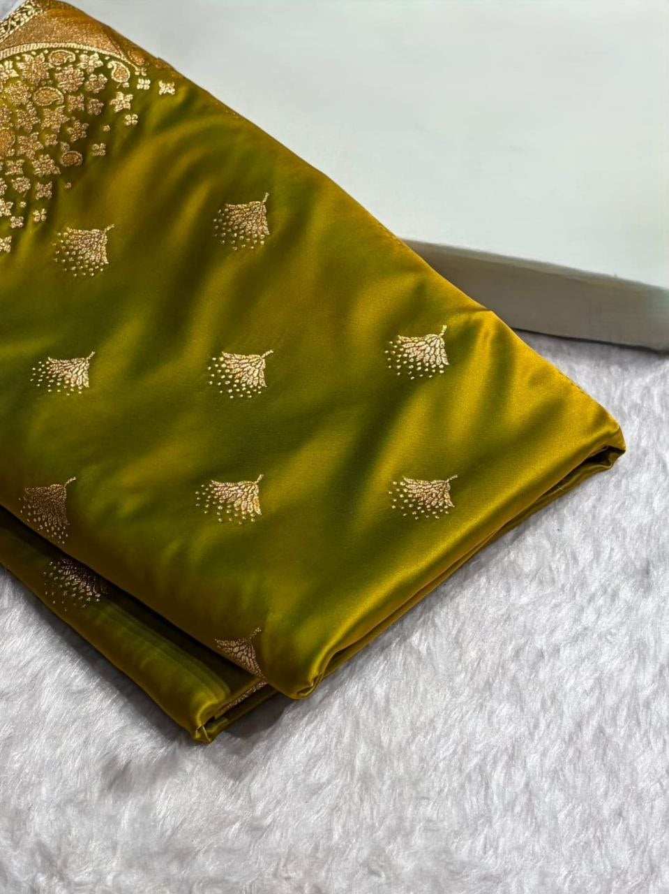 Banarasi Satin Silk Saree in Fire Gold with Traditional Booti Weaving