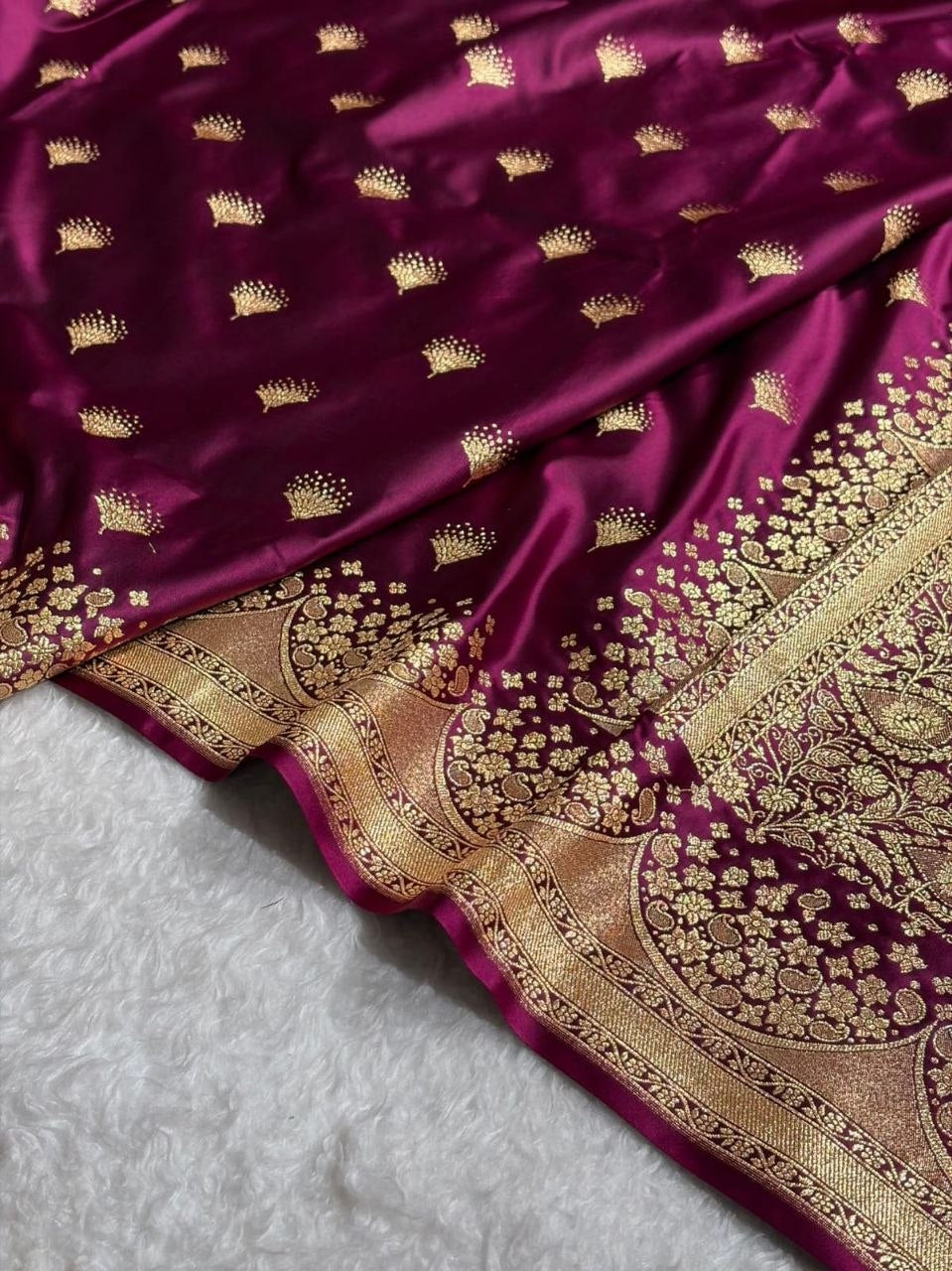 Banarasi Satin Silk Saree in Fire Gold with Traditional Booti Weaving