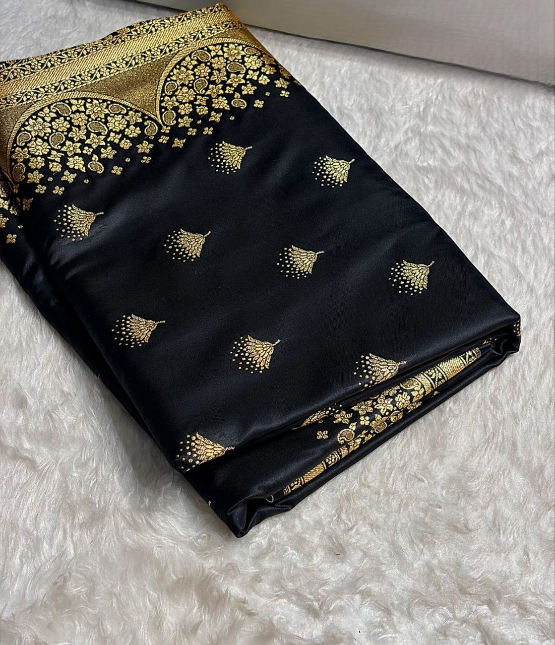 Banarasi Satin Silk Saree in Fire Gold with Traditional Booti Weaving