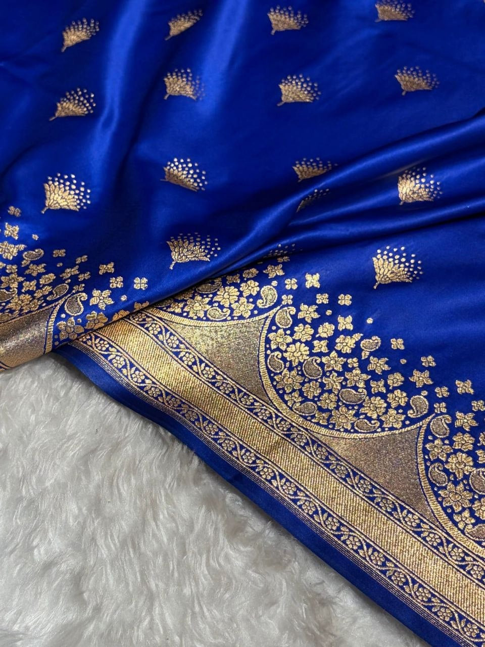 Banarasi Satin Silk Saree in Fire Gold with Traditional Booti Weaving