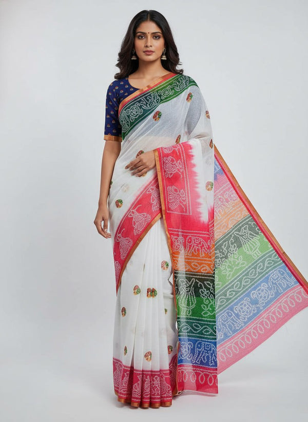 White Bandhani Digital Print Cotton Saree with Matching Printed Cotton Blouse – Sanskriti Saree