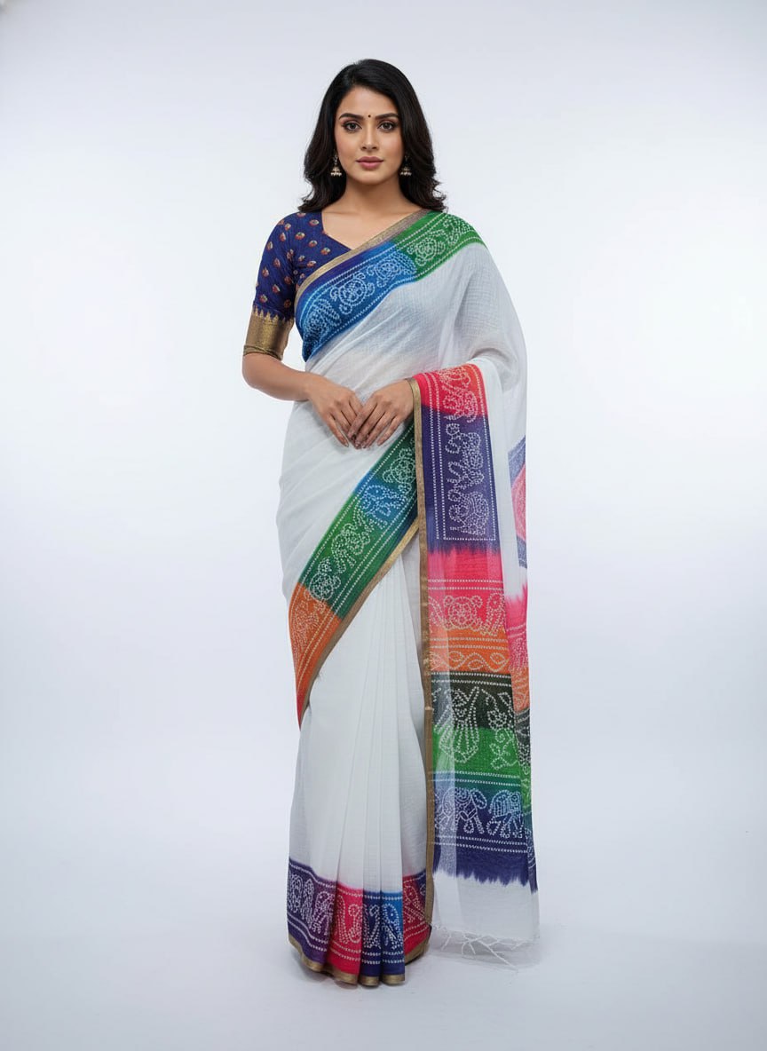 White Bandhani Digital Print Cotton Saree with Matching Printed Cotton Blouse – Sanskriti Saree
