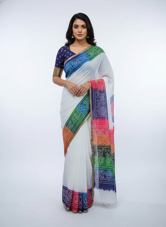 White Bandhani Digital Print Cotton Saree with Matching Printed Cotton Blouse – Sanskriti Saree