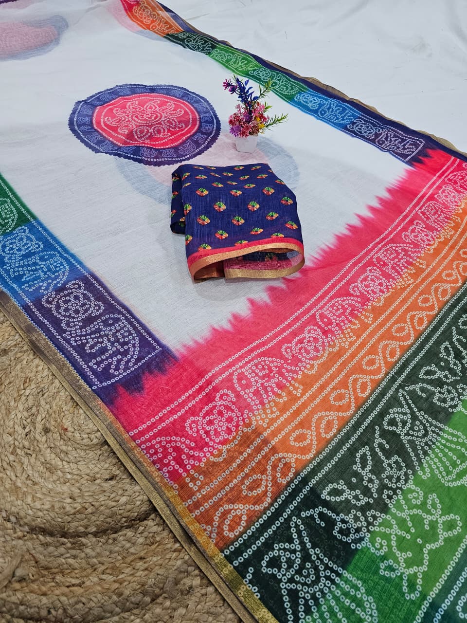 White Bandhani Digital Print Cotton Saree with Matching Printed Cotton Blouse – Sanskriti Saree
