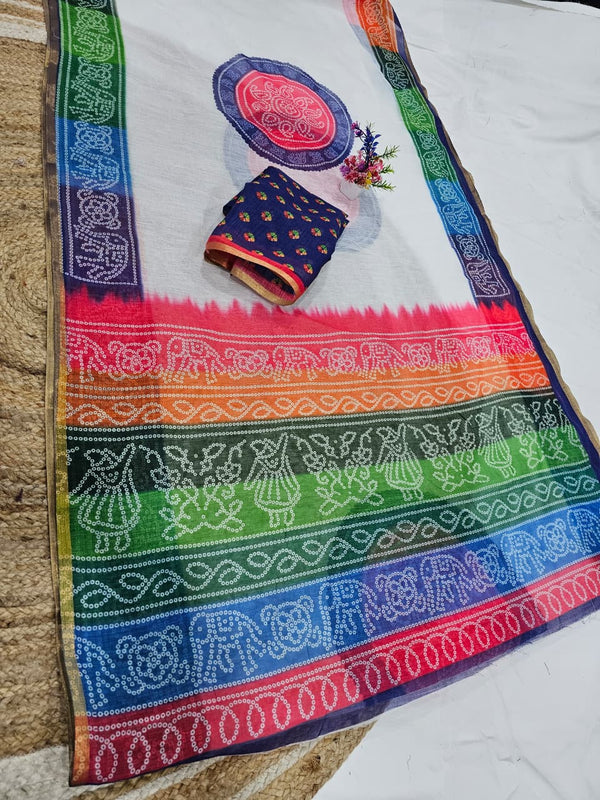 White Bandhani Digital Print Cotton Saree with Matching Printed Cotton Blouse – Sanskriti Saree