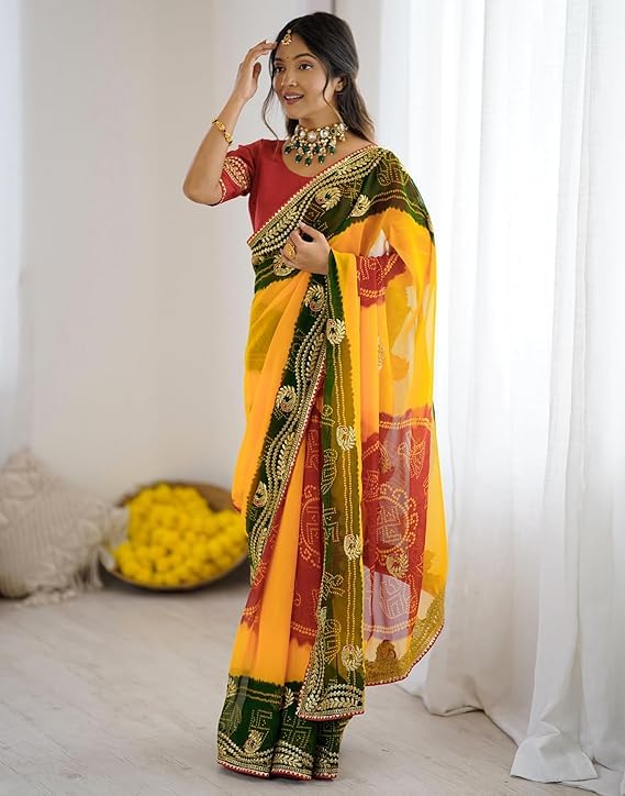 Yellow Bandhej Georgette Embroidery Saree with Mono Silk Blouse – Sanskriti Saree
