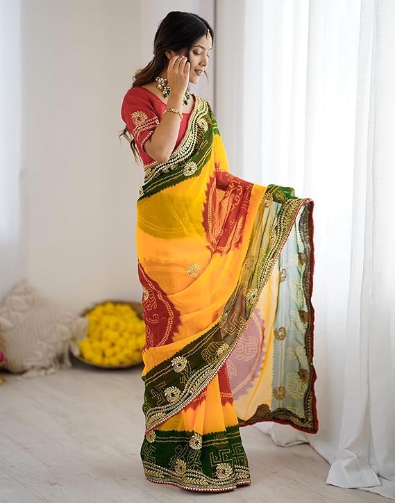 Yellow Bandhej Georgette Embroidery Saree with Mono Silk Blouse – Sanskriti Saree