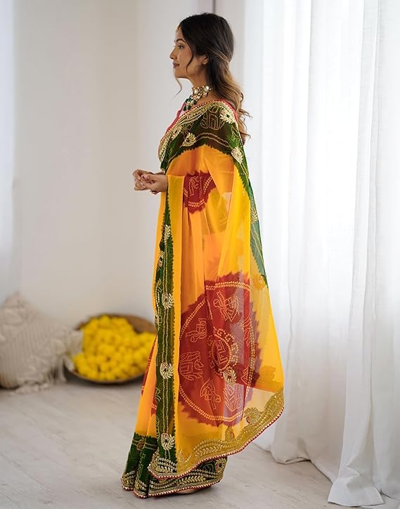 Yellow Bandhej Georgette Embroidery Saree with Mono Silk Blouse – Sanskriti Saree