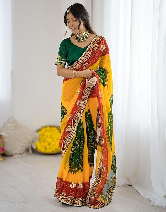 Yellow Bandhej Georgette Embroidery Saree with Mono Silk Blouse – Sanskriti Saree