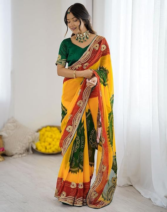 Yellow Bandhej Georgette Embroidery Saree with Mono Silk Blouse – Sanskriti Saree