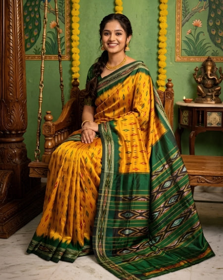 Mustard Yellow Barista Soft Silks Saree with Green Traditional Print | Premium Collection