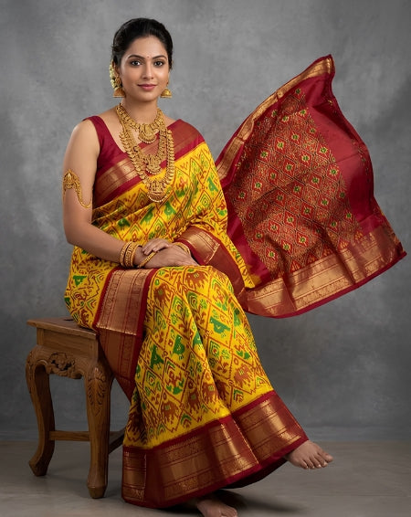 Yellow Bentex Handloom Silk Saree with Maroon Luxury Zari Border | Premium Collection