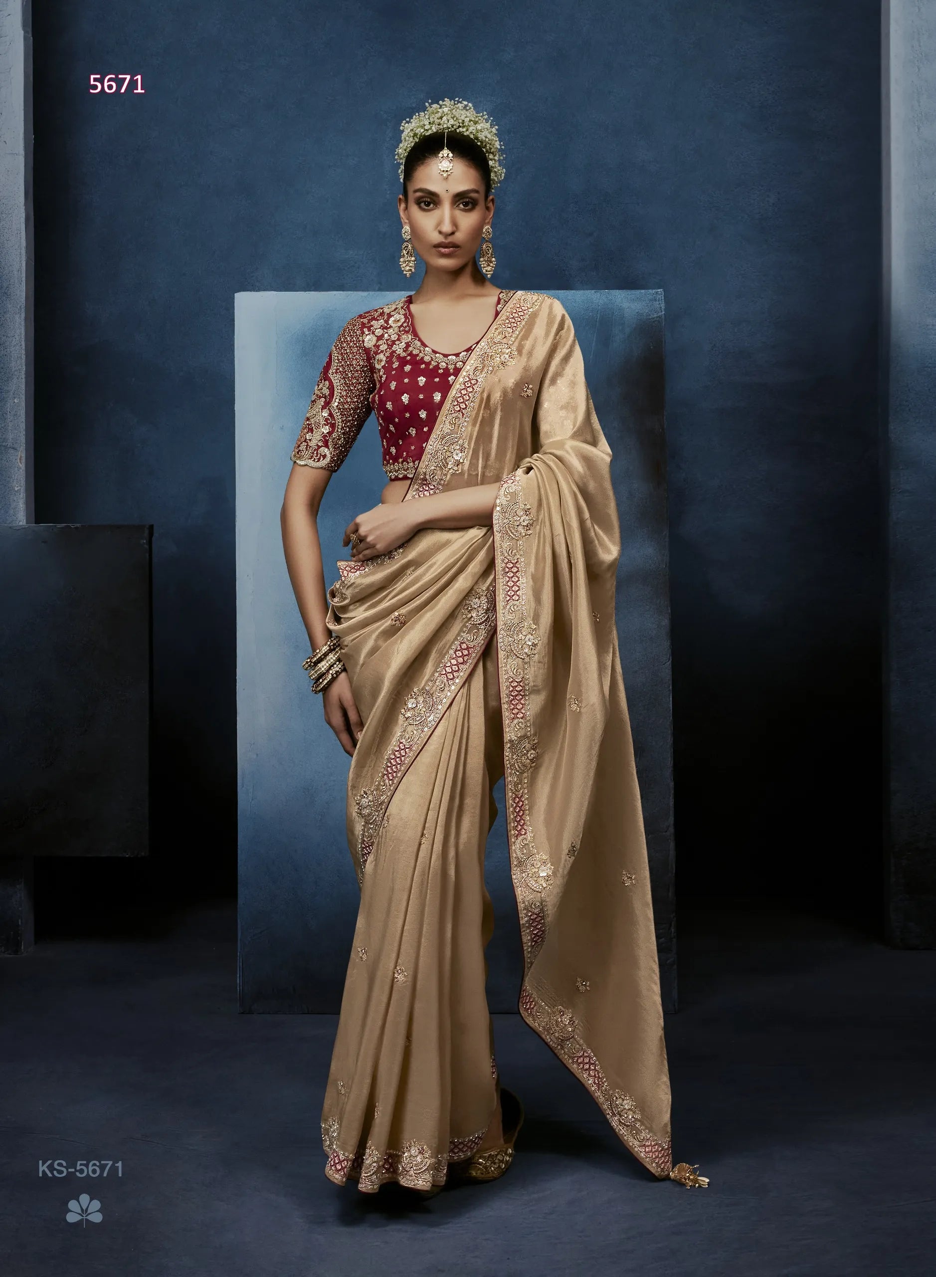 Champagne Luxe Fancy Tissue Saree with Zardozi Scroll Border & Crimson Ready Blouse