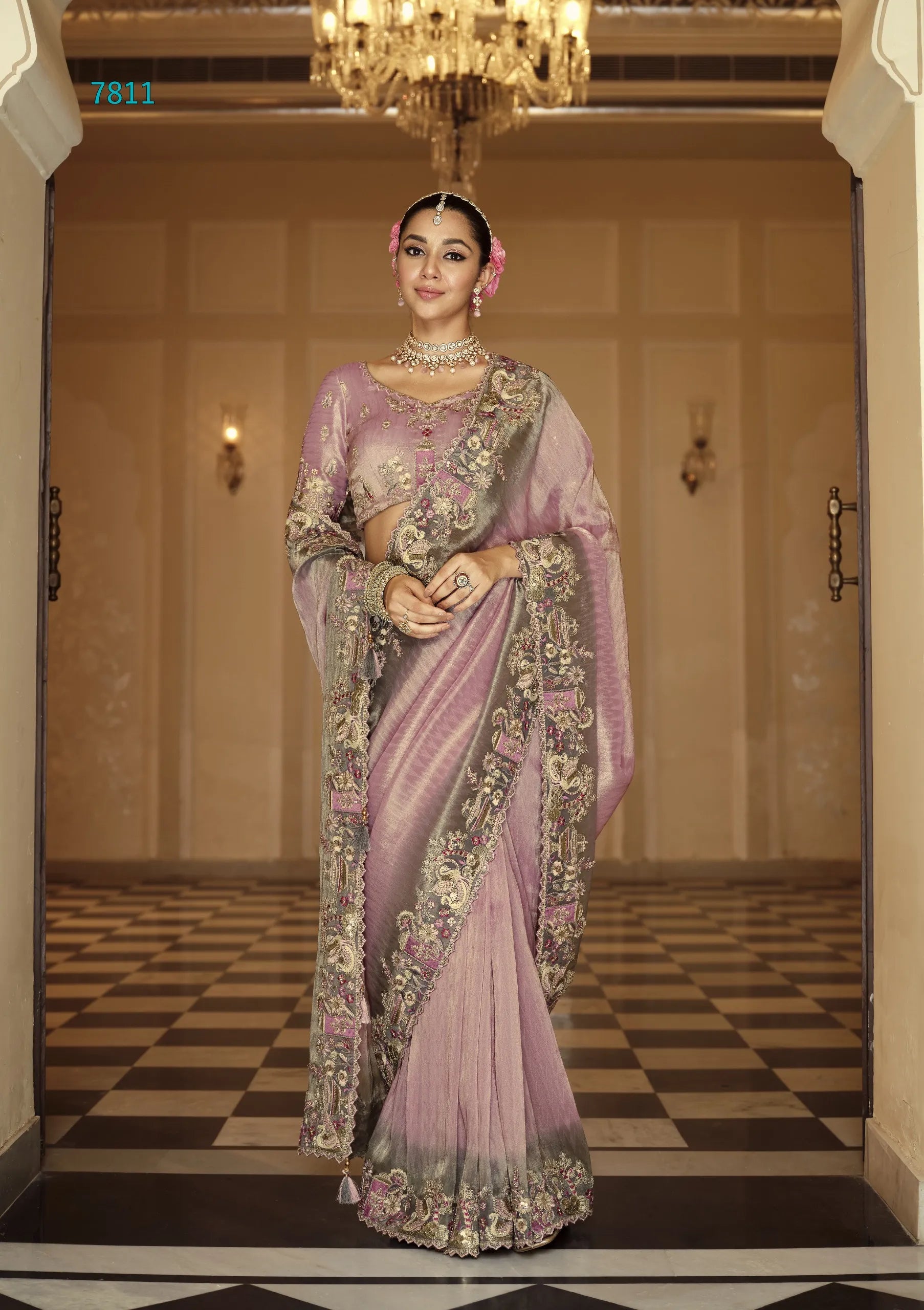 Chandrakaanta Tissue Silk Saree | Lilac & Silver Dual-Tone Bridal Saree with Zardozi Border