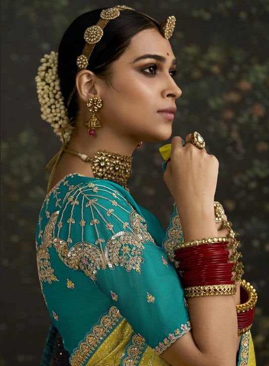 Citrus Olive Bloom Pure Dola Silk Saree
