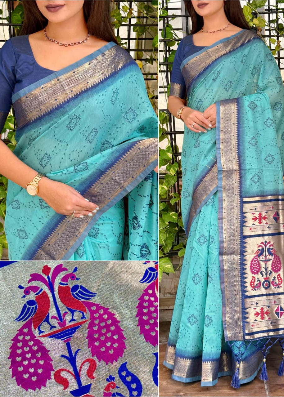 Woman wearing a blue and green saree with intricate patterns, surrounded by close-up details of the fabric.