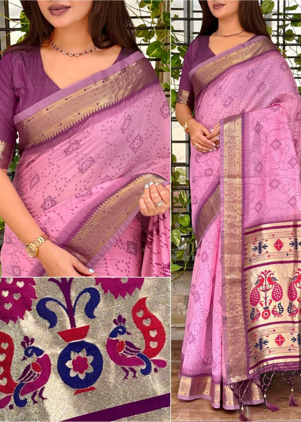 Woman wearing a pink and purple saree with intricate patterns, surrounded by close-up details of the design.