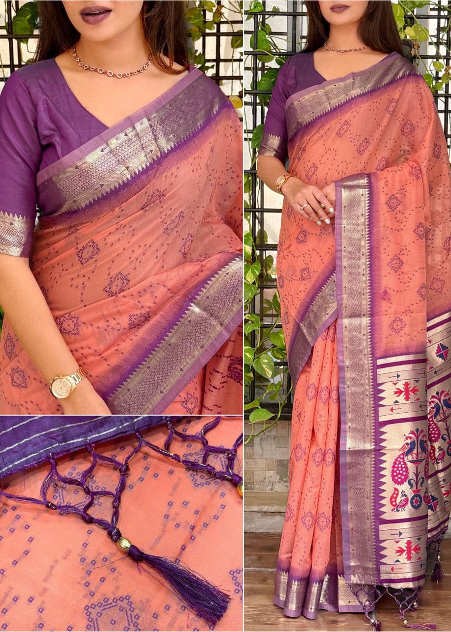Collage of a pink saree with purple border and intricate patterns, worn by a model.