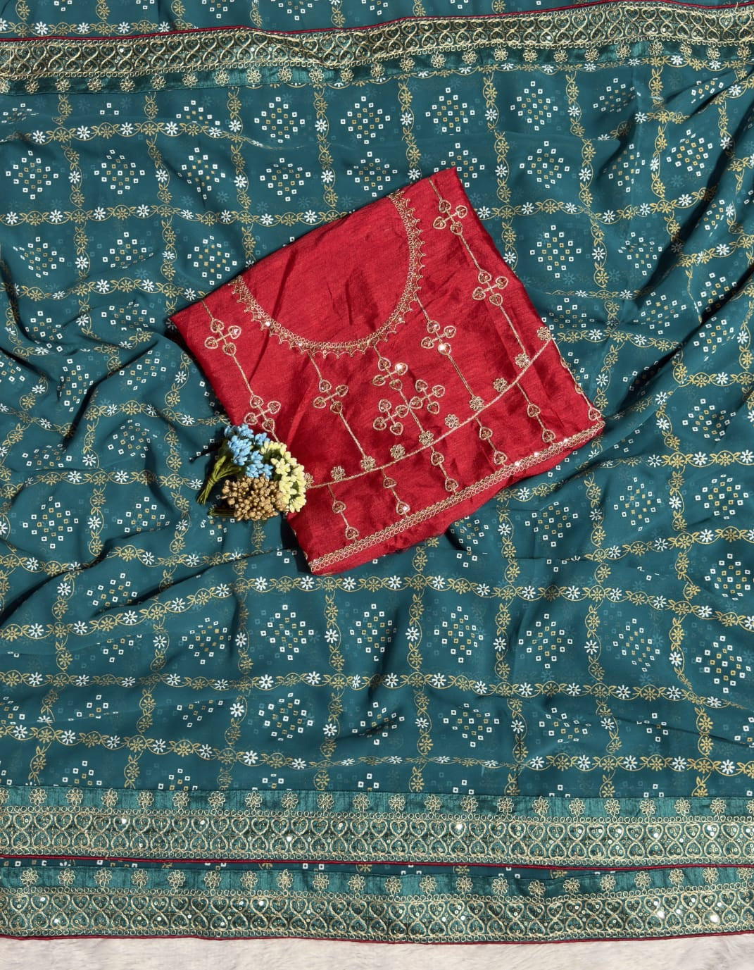 Bandhani Elephant Foil Print Georgette Saree