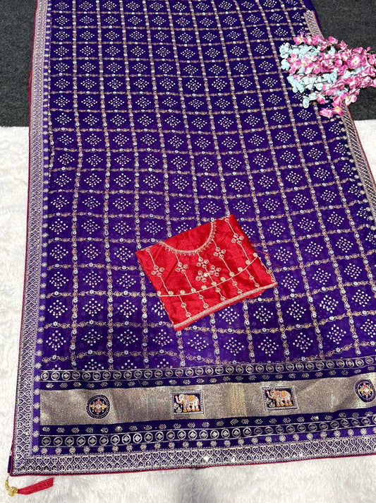 Bandhani Elephant Foil Print Georgette Saree