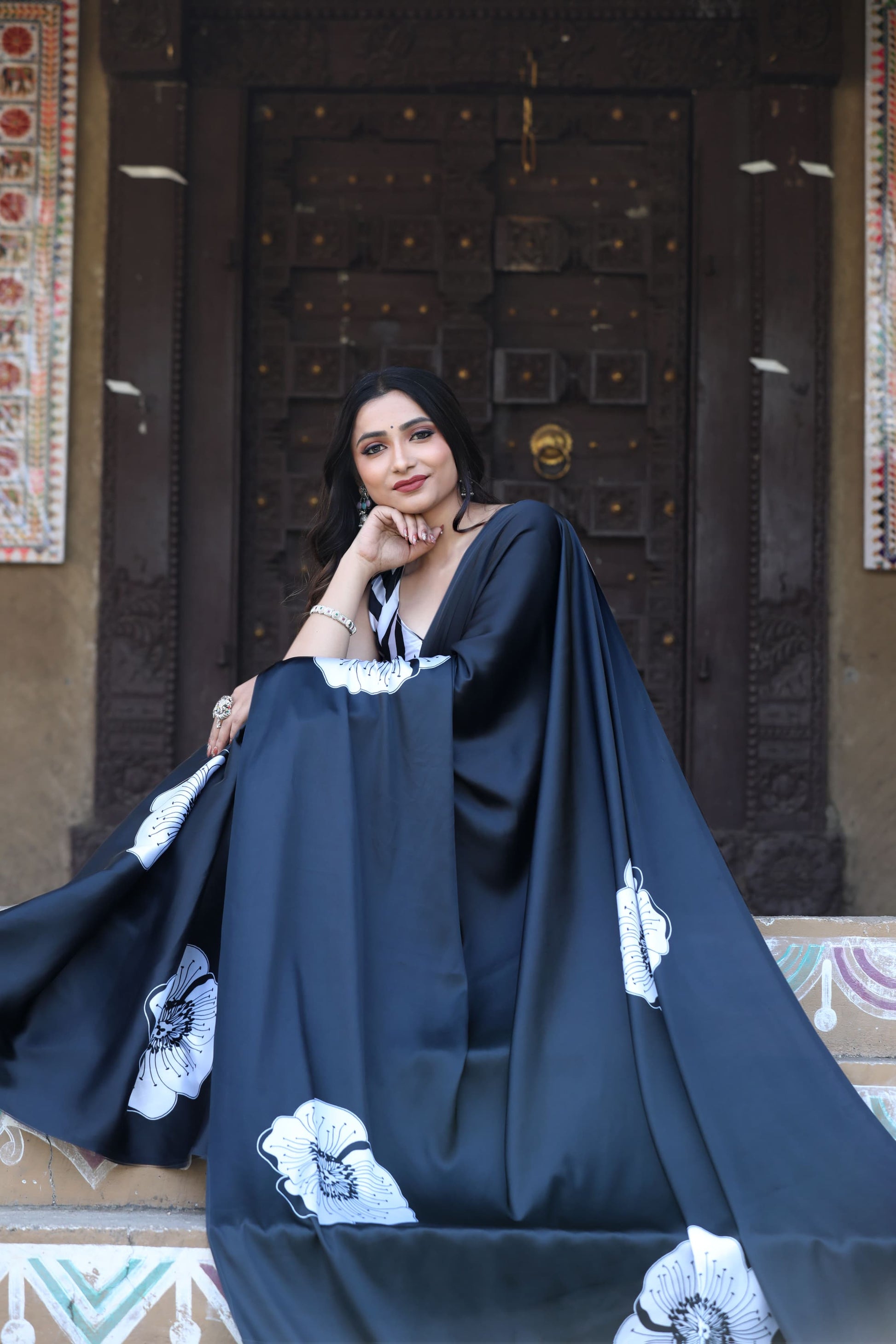 Bold Floral Print Satin Drape Saree