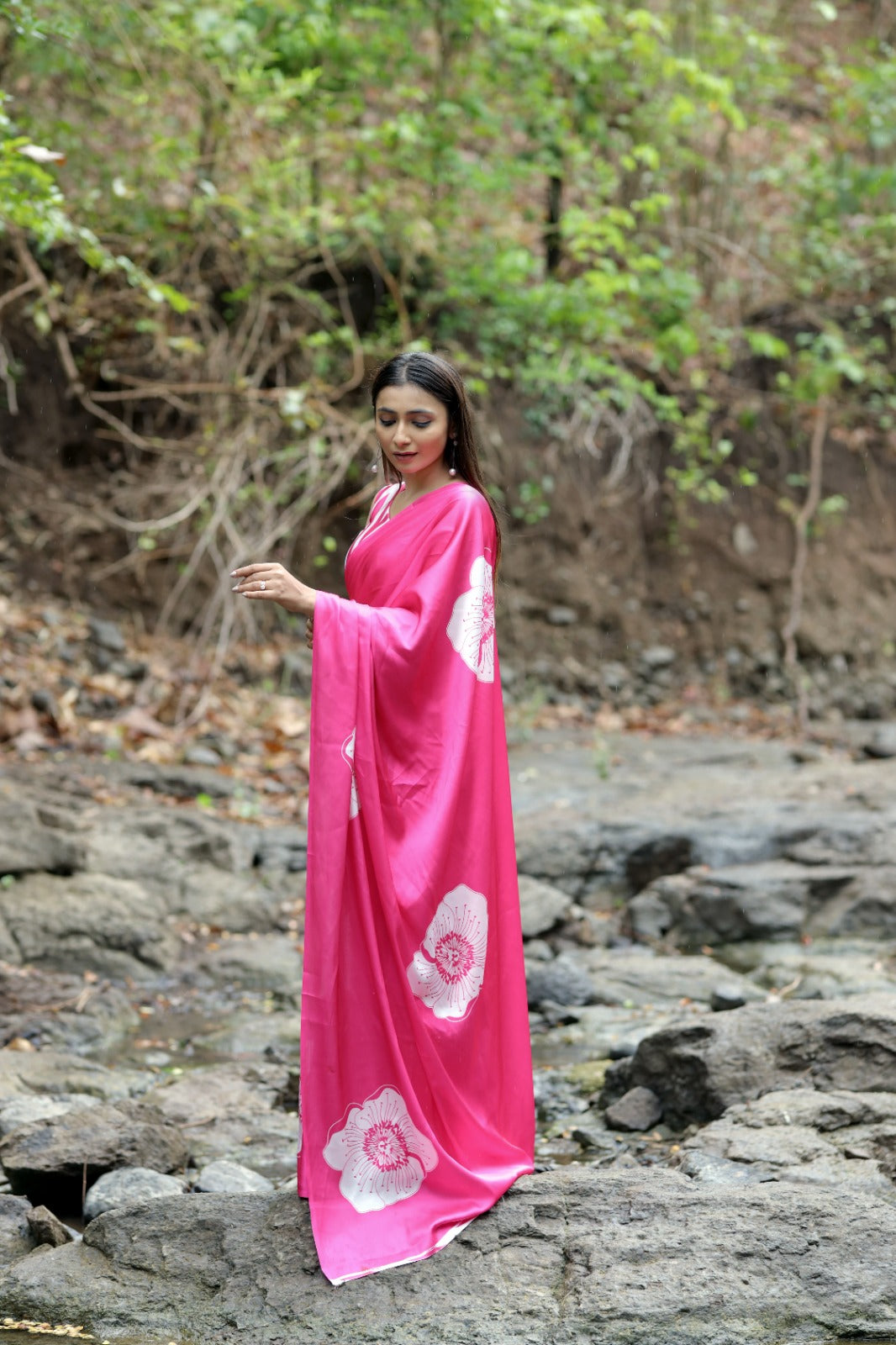 Bold Floral Print Satin Drape Saree