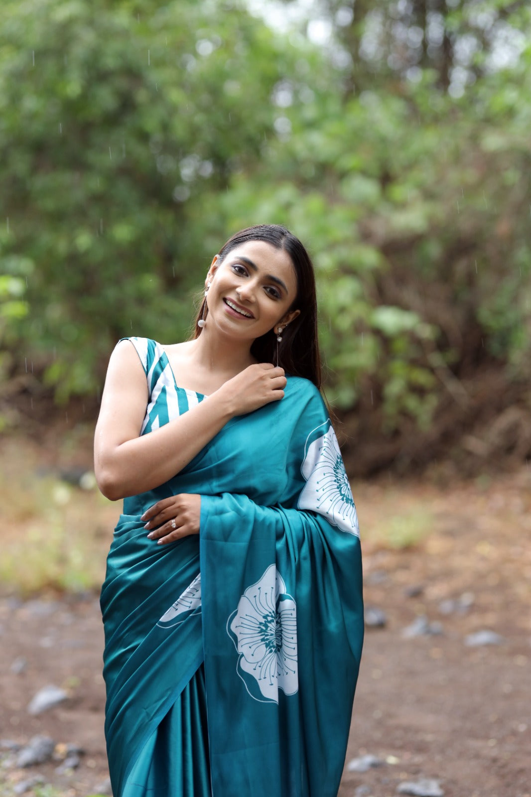 Bold Floral Print Satin Drape Saree