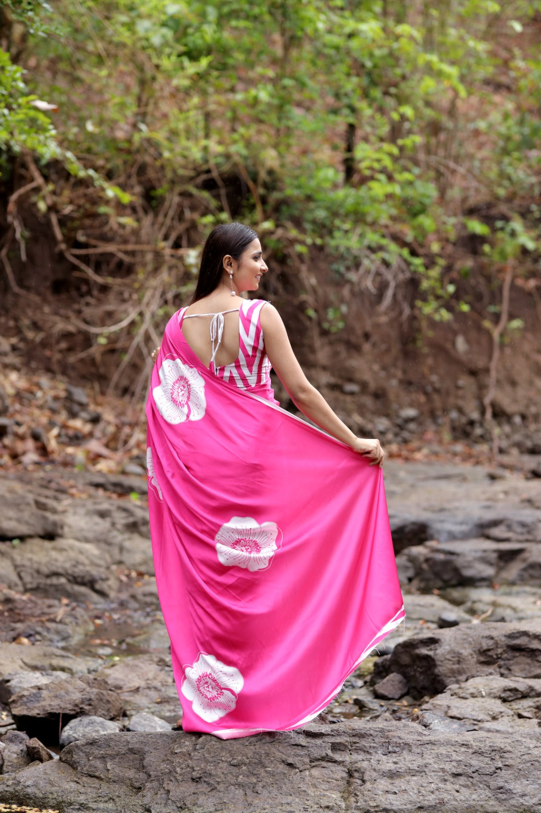 Bold Floral Print Satin Drape Saree